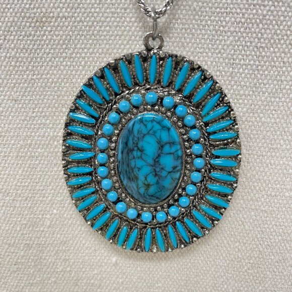 Petit Point Turquoise Blue Pendant Necklace Silver-Tone Long Southwest Western - Picture 4 of 12
